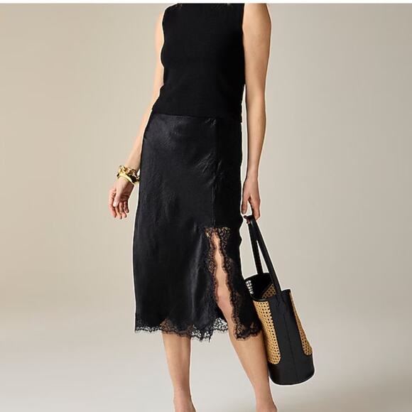 J. Crew Dresses & Skirts - NWT J. Crew Gwyneth lace-trim slip skirt in textured satin black sz XXS